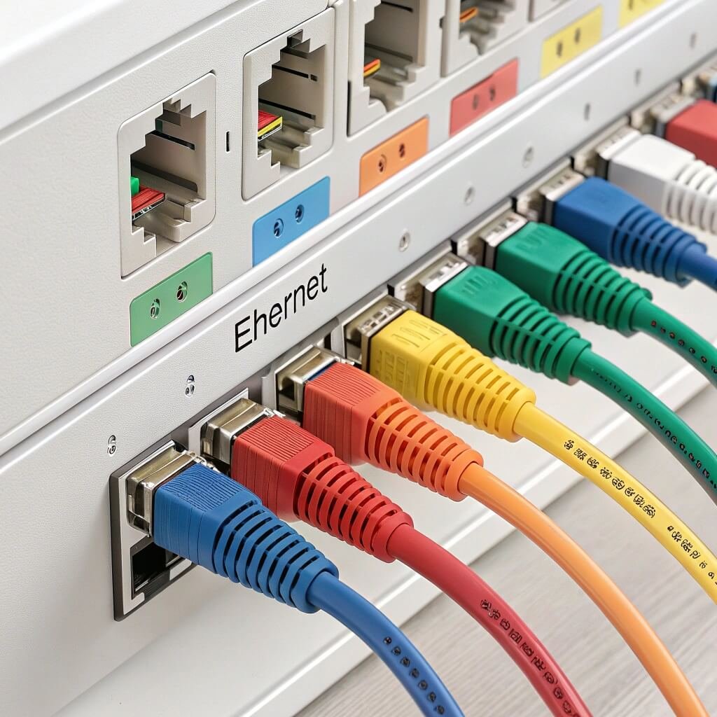 A color-coded Ethernet cable setup with labeled ports A color-coded Ethernet cable setup with labeled ports
